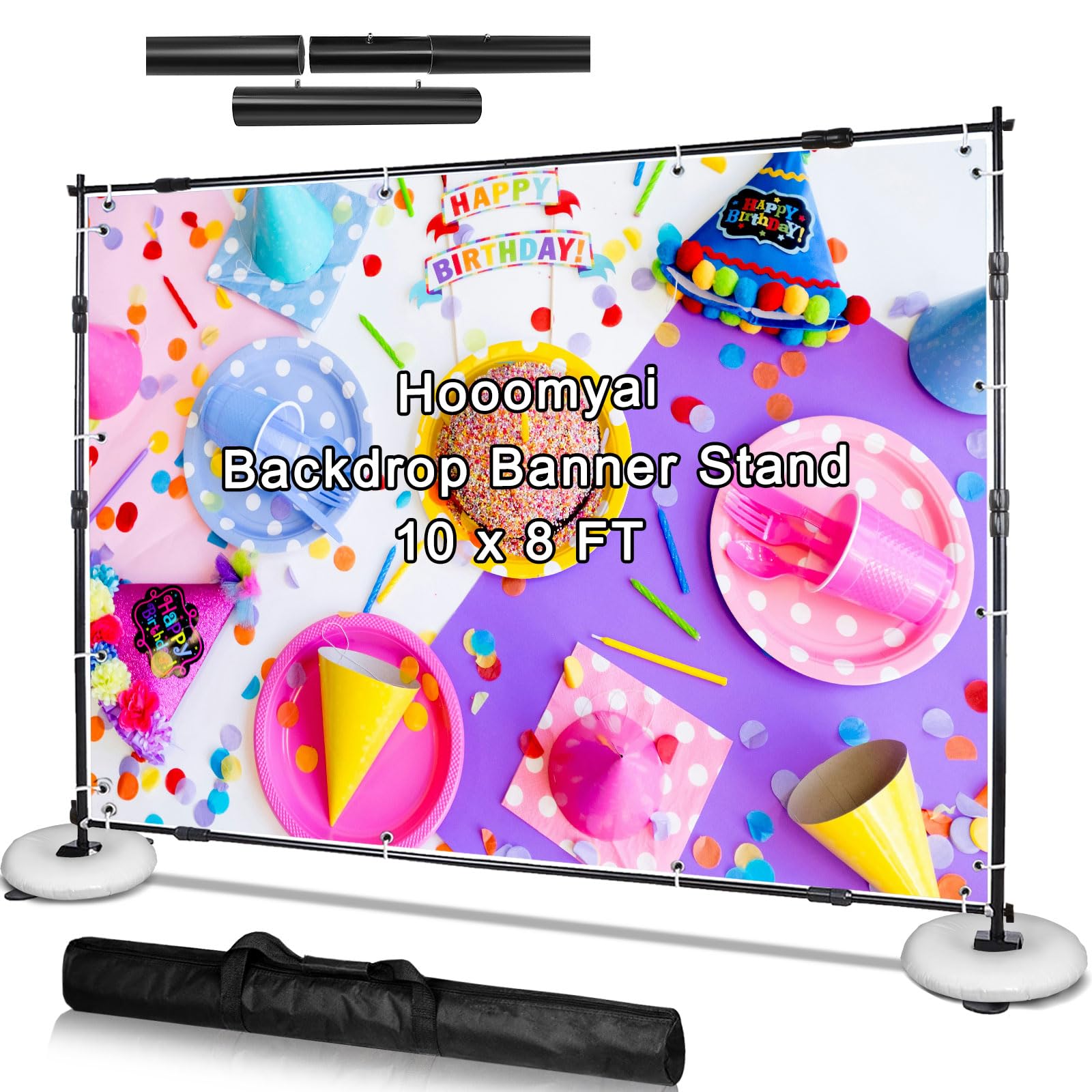 Hooomyai Backdrop Banner Stand 10 x 8 Ft Adjustable Height Display Heavy Duty Background Stand For Wedding Photo Parties Trade Show Birthday Party,with 2 Strengthen Crossbars,2 Water Bag