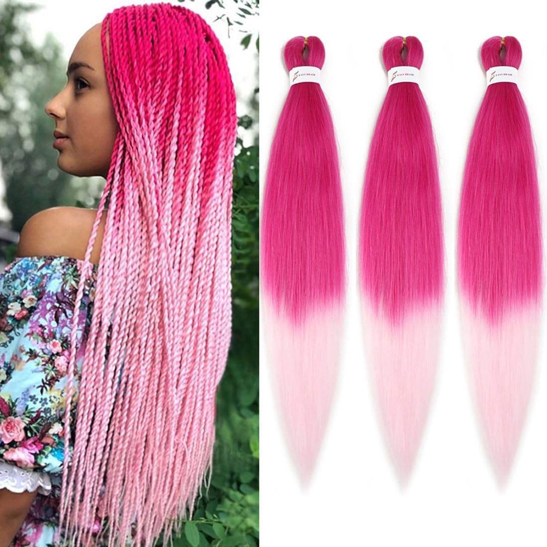 Pre Stretched Braiding Hair Extensions 3 Packs 26 Inch Ombre Braiding Hair Synthetic Braids Hair Extension for Women Hot Water Setting(26Inch,FR-1)