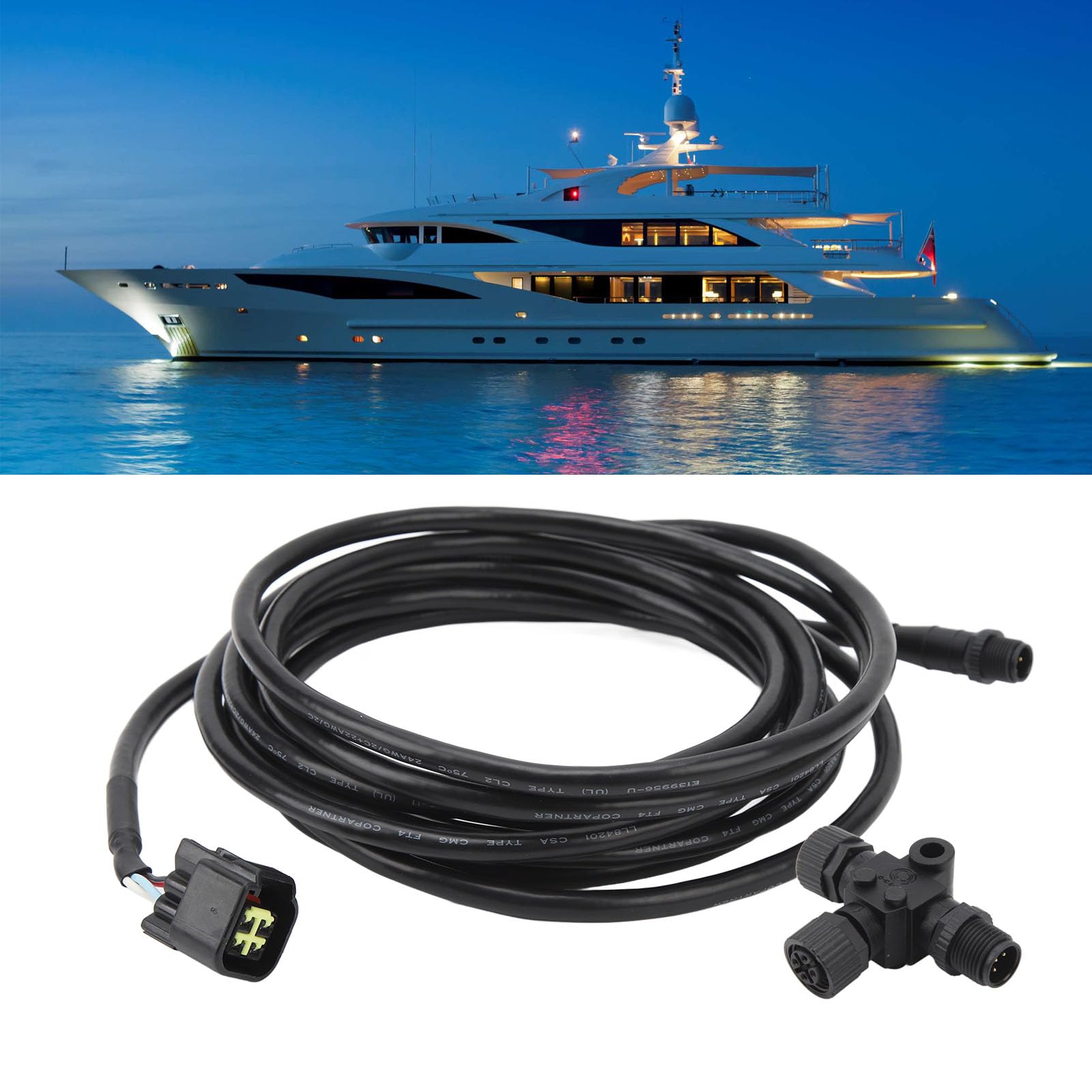 Cables NMEA 2000 de 4,5 m, cable troncal o de derivación NMEA 2000, cable impermeable IP67 de 5 pines con adaptador en T para interfaz de motor, negro, resistente al desgaste y de