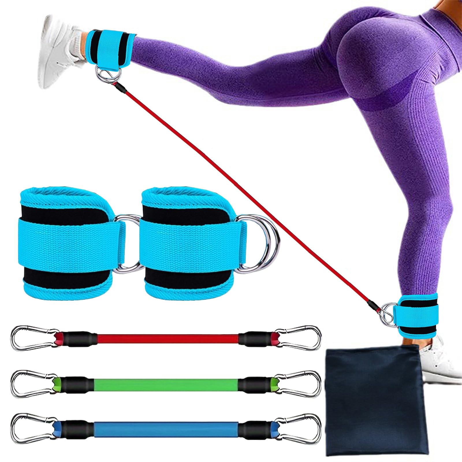 Quixotical Resistance Bands Set with Ankle Straps, Ankle Resistance Bands for Legs and Glutes Workout, Pilates & Home Gym Exercise Equipment for Women (Blue)