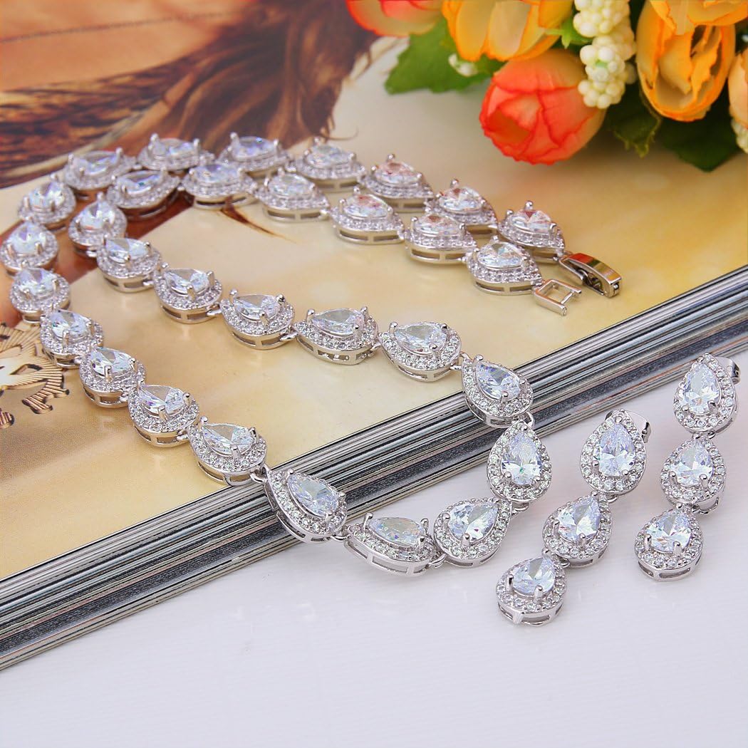 EVER FAITH Gorgeous CZ Birthstone Elegant Teardrop Wedding Prom Necklace Earrings Set for Bride Birthday/Mothers Day/Christmas Jewelry Gift for Women - Image 4