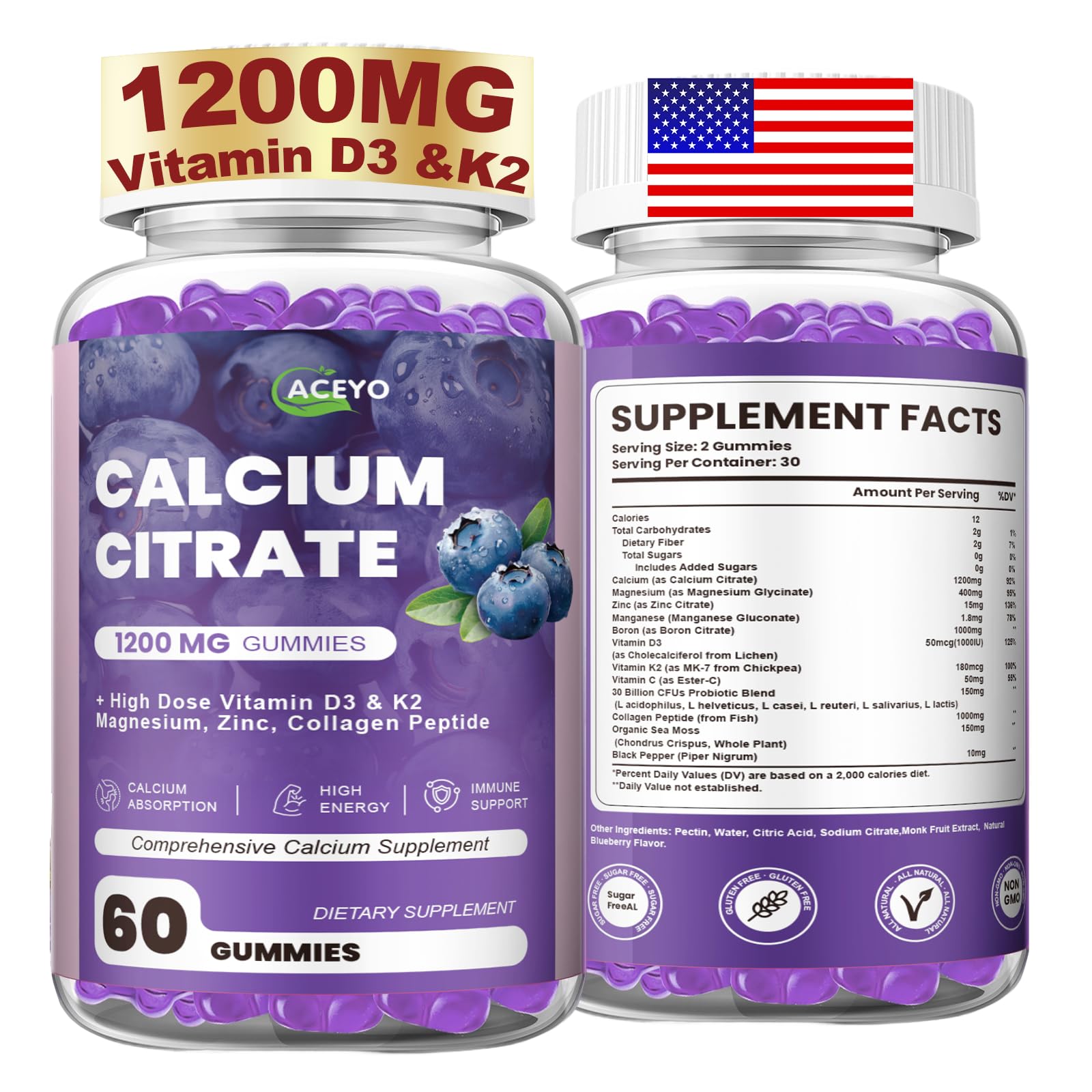 Calcium Citrate Gummies,1200mg Calcium Supplement with Vitamin D3 & K2 13 Ounce (Pack of 1)