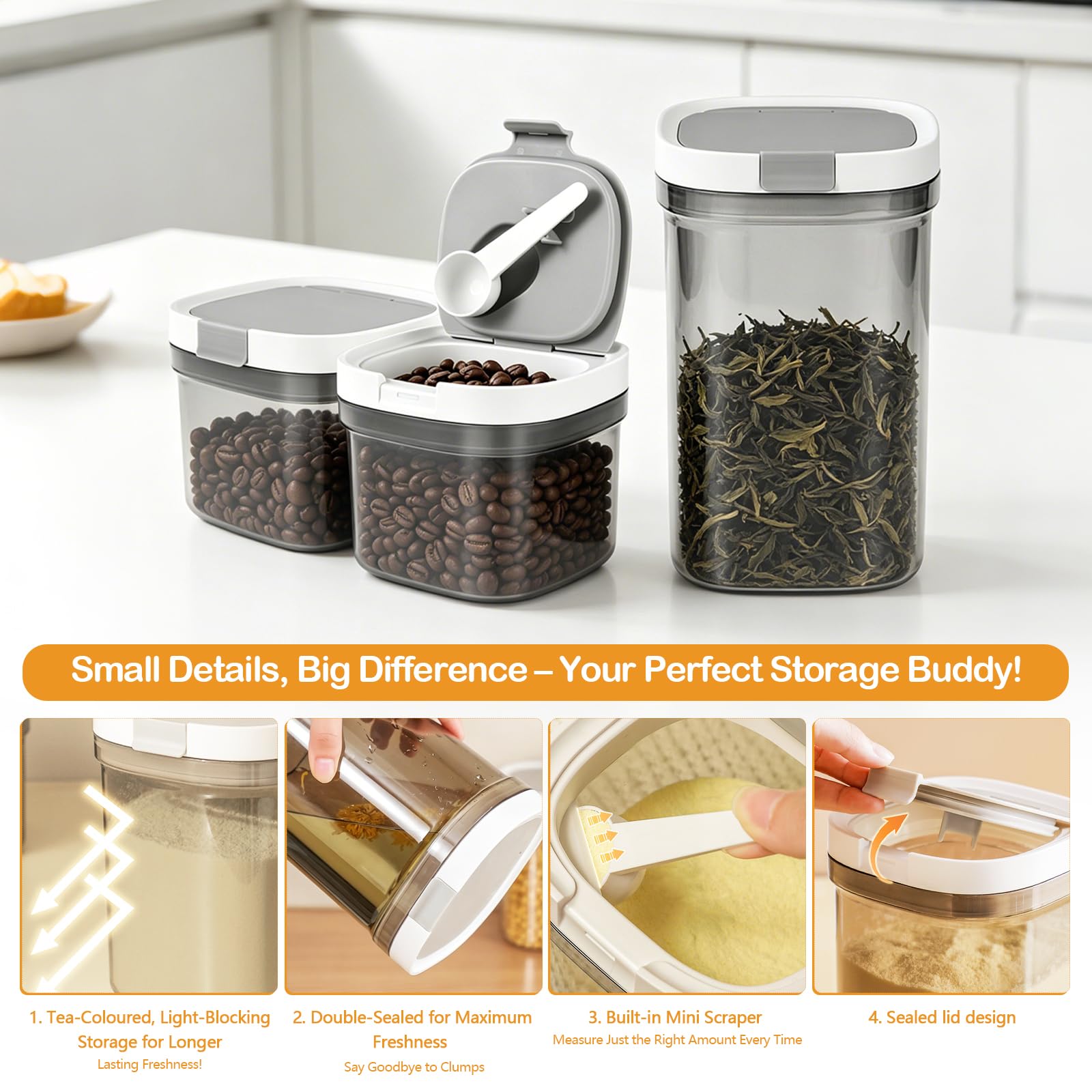 Scatole ermetiche per alimenti con coperchio, set da 3 (800 ml + 800 ml + 1800 ml) con cucchiaio magnetico, contenitore per cereali, legumi e polvere per neonati