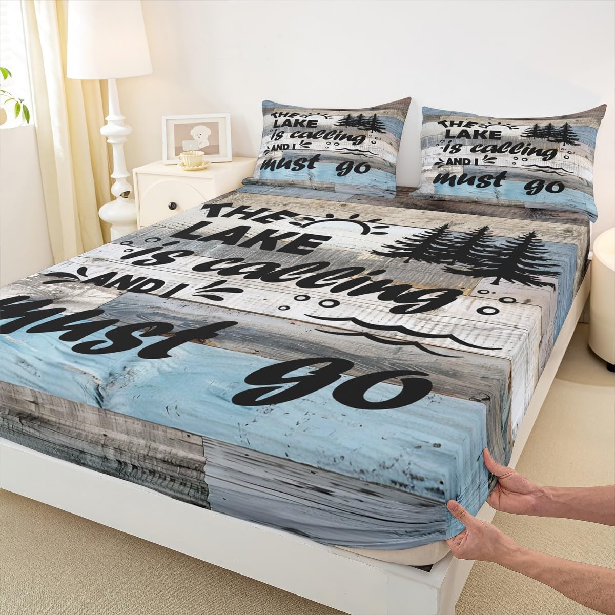 Rustic Farmhouse Bedding Set Lake House Sheet Set King Size for Girls Kids Boys Cabin Room Decor,Black Pine Tree and Funny Quotes Bed Sheet Outdoor Traveling Fitted + Flat Sheet 4pcs,2 Pillowcases