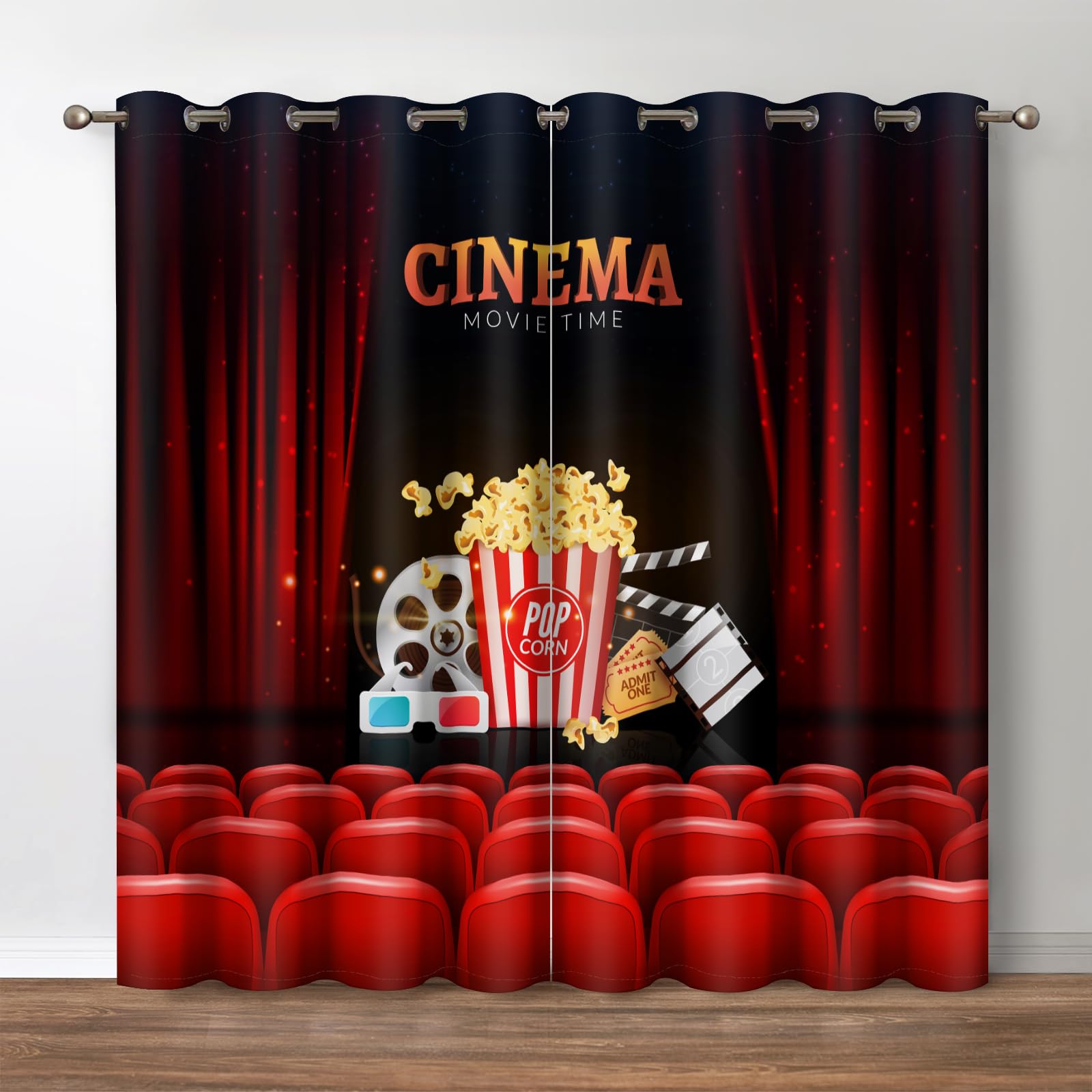 Jekeno Popcorn Movie Clapboard Blackout Curtains - Cinema Theater Background Print Drapes Decor Home Apartment Bedroom Living Room Darkening Grommet Window Treatments 2 Panels Set,Red 52x84 Inch