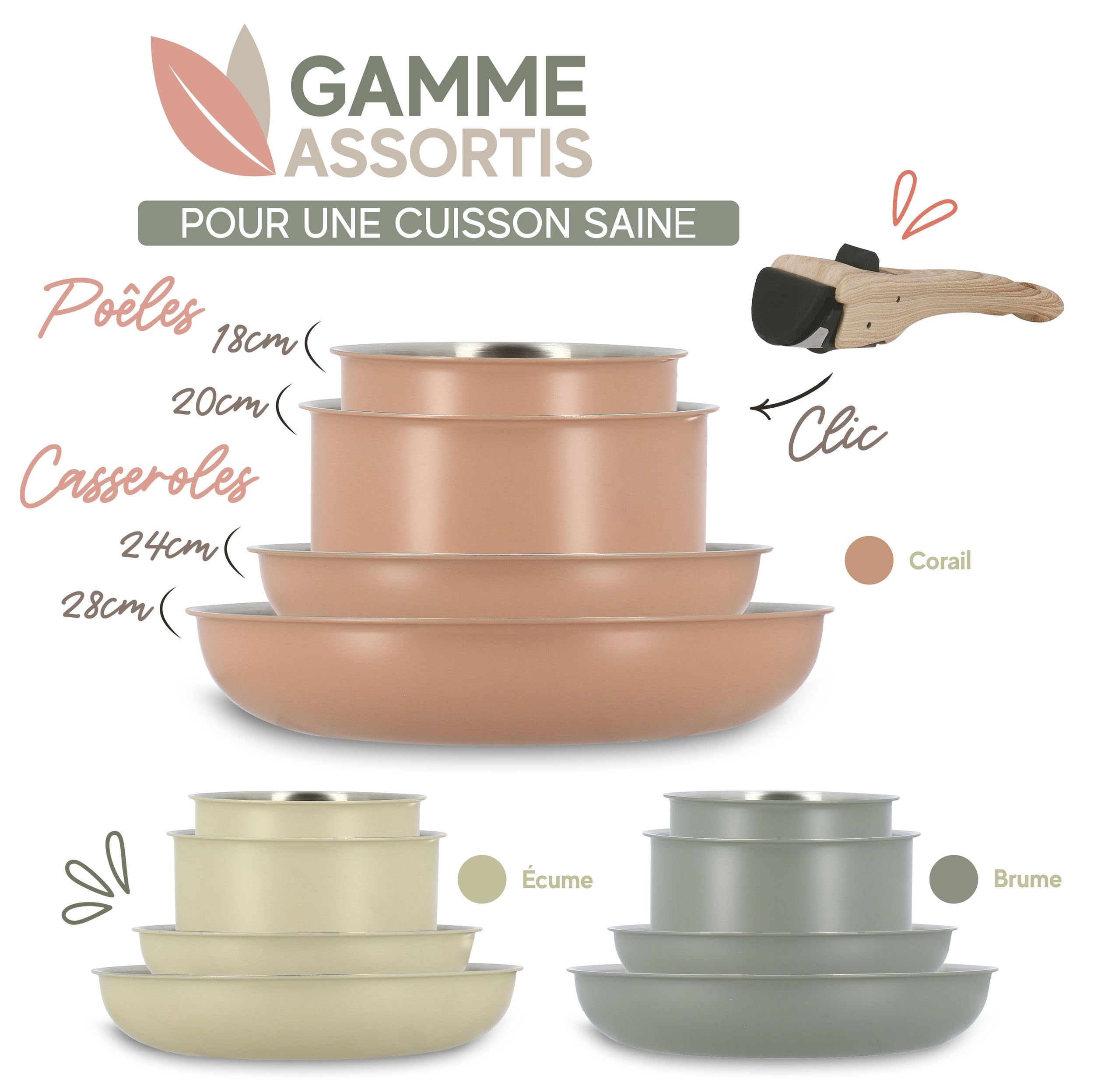 MENASTYL - Batterie de cuisine amovible en inox 18/10 induction 5 pièces Easynox - Acier inoxydable sans accroche - Sans PFAS, sans PTFE - Tous feux dont induction et lave-vaisselle - Corail - 6021016