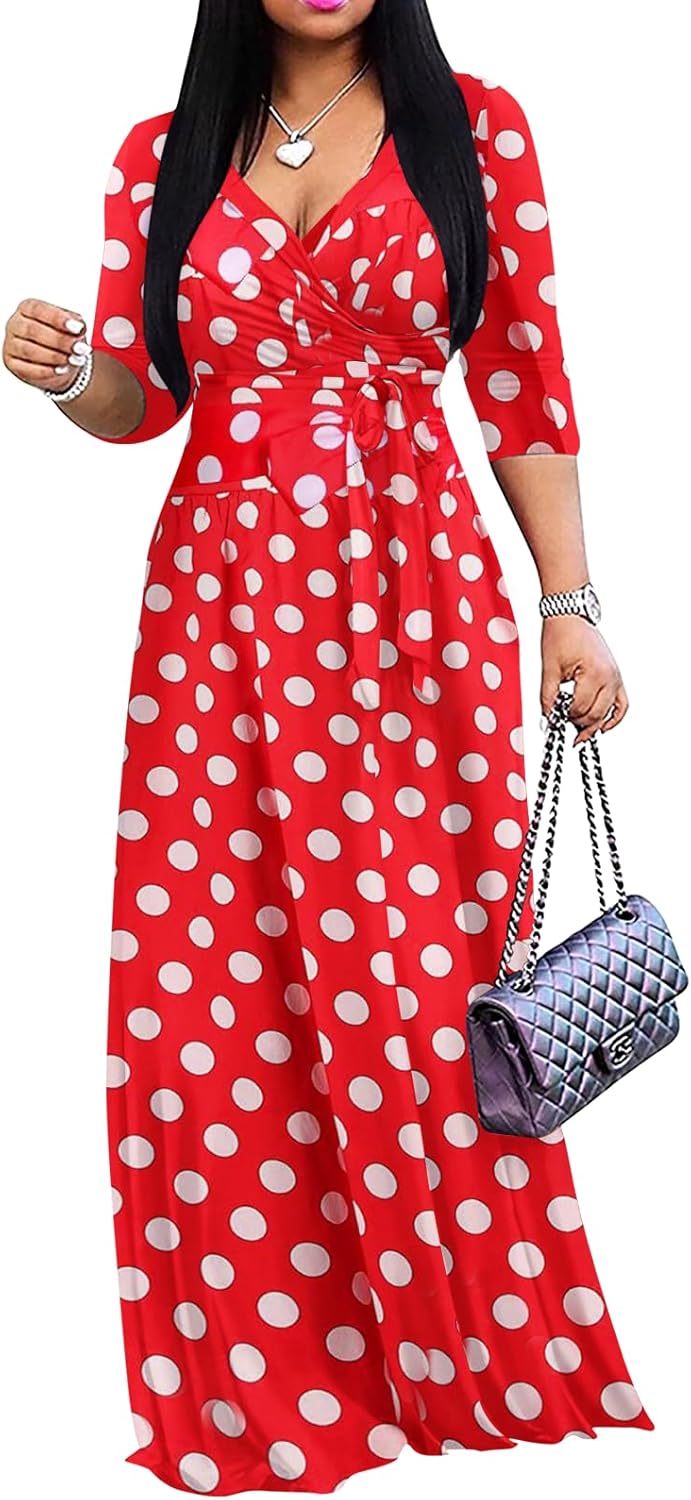 Yajedo Womens Casual Summer Maxi Dress Plus Size Sexy Warp V Neck 3/4 Sleeve Sundress with Poctets