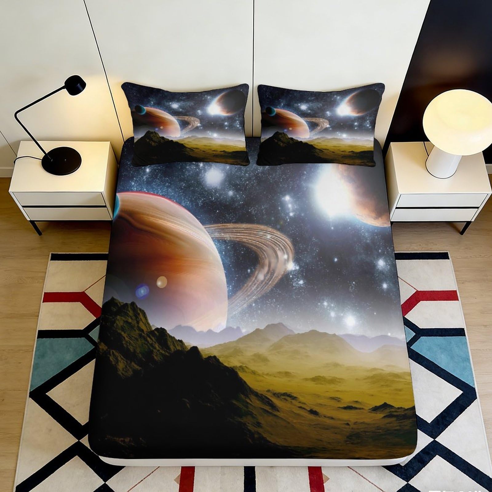Jqzkxnhpbr Style-3 3D Printed Saturn Galaxy Fitted Sheet Microfiber Soft Cosmic Nebula Mattress Cover Bedroom Dorm Decor 90X200x25cm