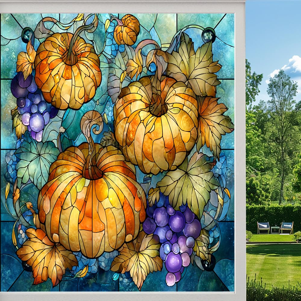 Country Pumpkins Privacy Window Film, Natural Maple Leaf Plants Frosted Self-Adhesive Vinyl Cling for Glass Doors Bathroom Windows Sun Blocking Heat Control, （55x80cm）