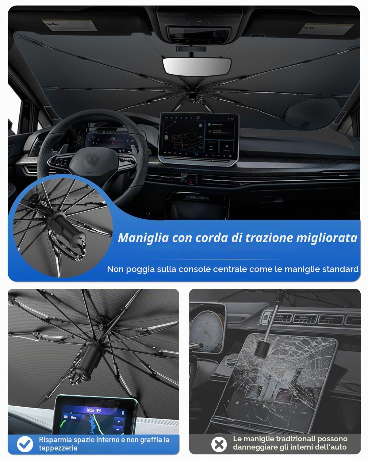 SHAOHAO Compatibile con VW GOLF8 Mk8 GOLF8.5 2020-2026 Parasole per auto Parasole per parabrezza Facile da riporre Maniglia con cordino Protezione UV Accessori parasole