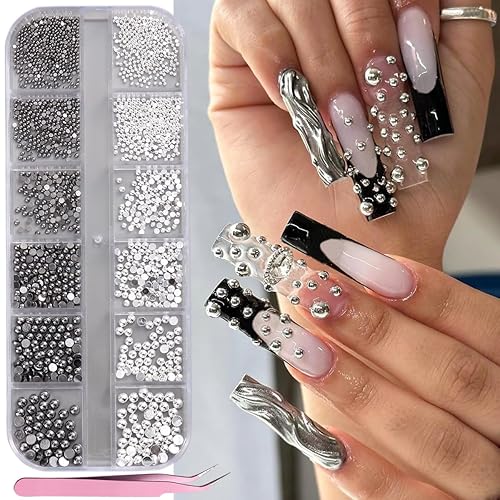 Black Silver Caviar Nail Beads, Half Round Flatback Pearl Nail