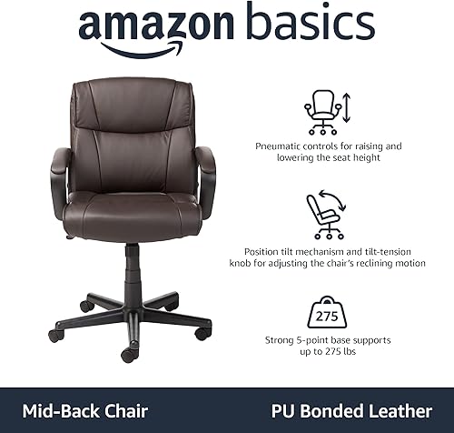 Miniatura 4 de Tienda Basics Padded Office Desk Chair with Armrests Adjustable HeightTilt 360-Degree Swivel 275Lb Capacity - Dark Brown