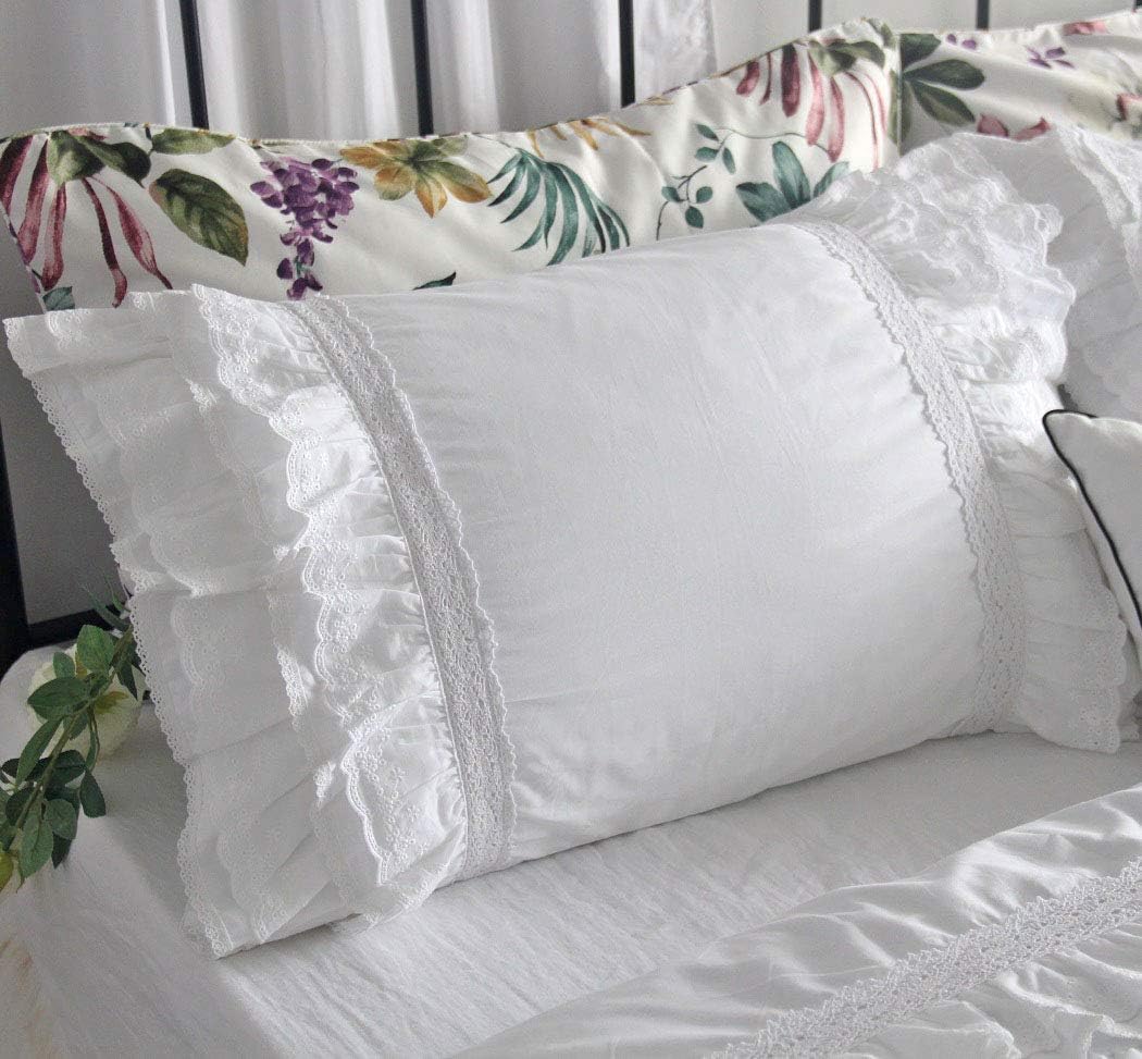 QSH Luxury Lace Ruffle Sheets Set Queen Size French Country Bedding 100% Washed Cotton Vintage Bed Sheet Set 4pcs Deep Pockets Ruffled Bed Sheets