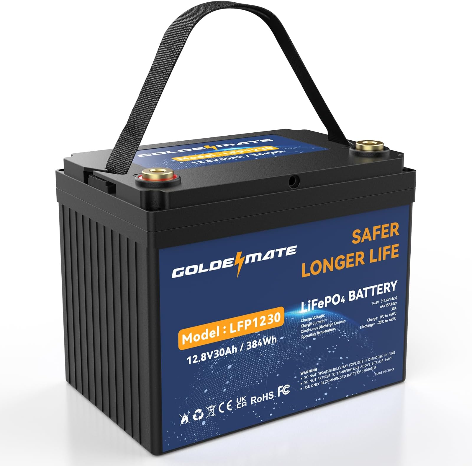 GOLDENMATE 12V 30Ah Lithium LiFePO4 Deep Cycle Battery, 5000+ Cycles Lithium Iron Phosphate Rechargeable Battery for Solar, Fish Finder, Marine, RV/Outdoor Camping, Power Wheelchairs with 30A BMS