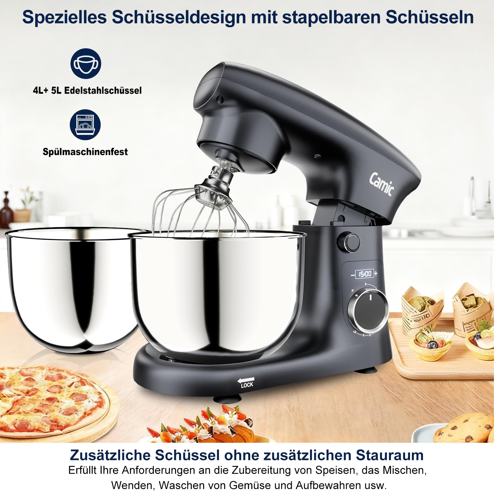 Camic Küchenmaschine mit LED-Display, Zeit Einstellen, Knetmaschine mit Rührhaken, Knethaken, Schlagbesen, 10 Stufen, 2 Edelstahlschüsseln 4L+5L, für Teig, Brot, Pizza, Kuchen