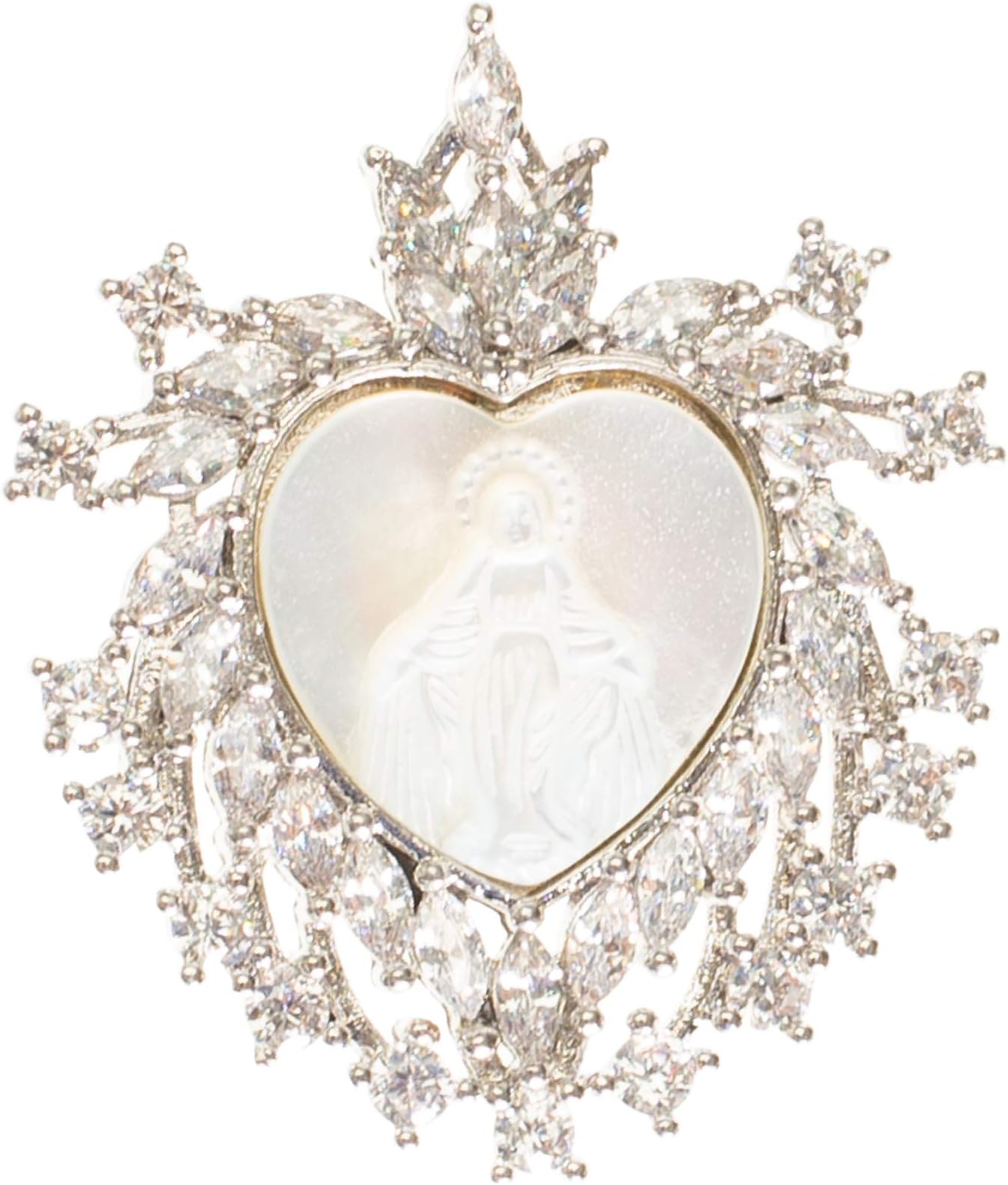 RomanOur Lady of Grace Heart Silver Tone 1 x 1 Brass and Glass Brooch Pin Pendant