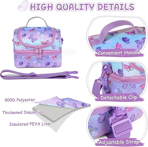 Vista 43 de Kasqo Lonchera para niñas, hielera aislada con compartimentos dobles, unicornio morado claro