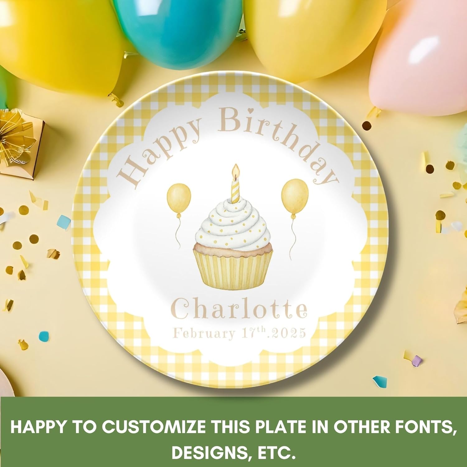 Personalized Baby First Birthday Plate - Yellow Gingham Birthday Party Decoration