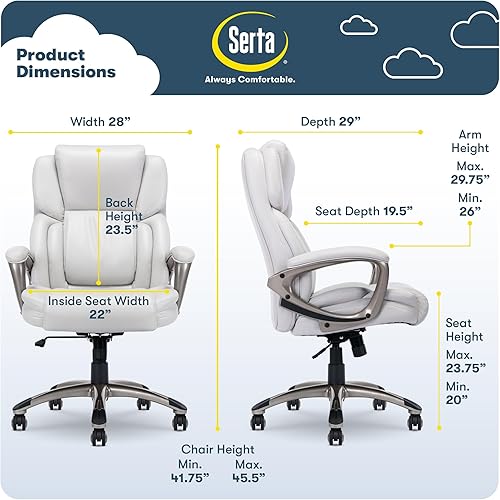 Miniatura 52 de Serta Silla de computadora ergonómica ajustable para oficina ejecutiva con almohadas corporales en capas, borde de asiento de cascada, cuero Blanco