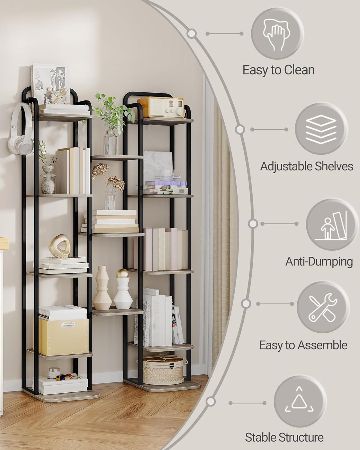 Graphic summarizing product features including easy to clean, adjustable shelves, anti-dumping, easy to assemble, and stable structure