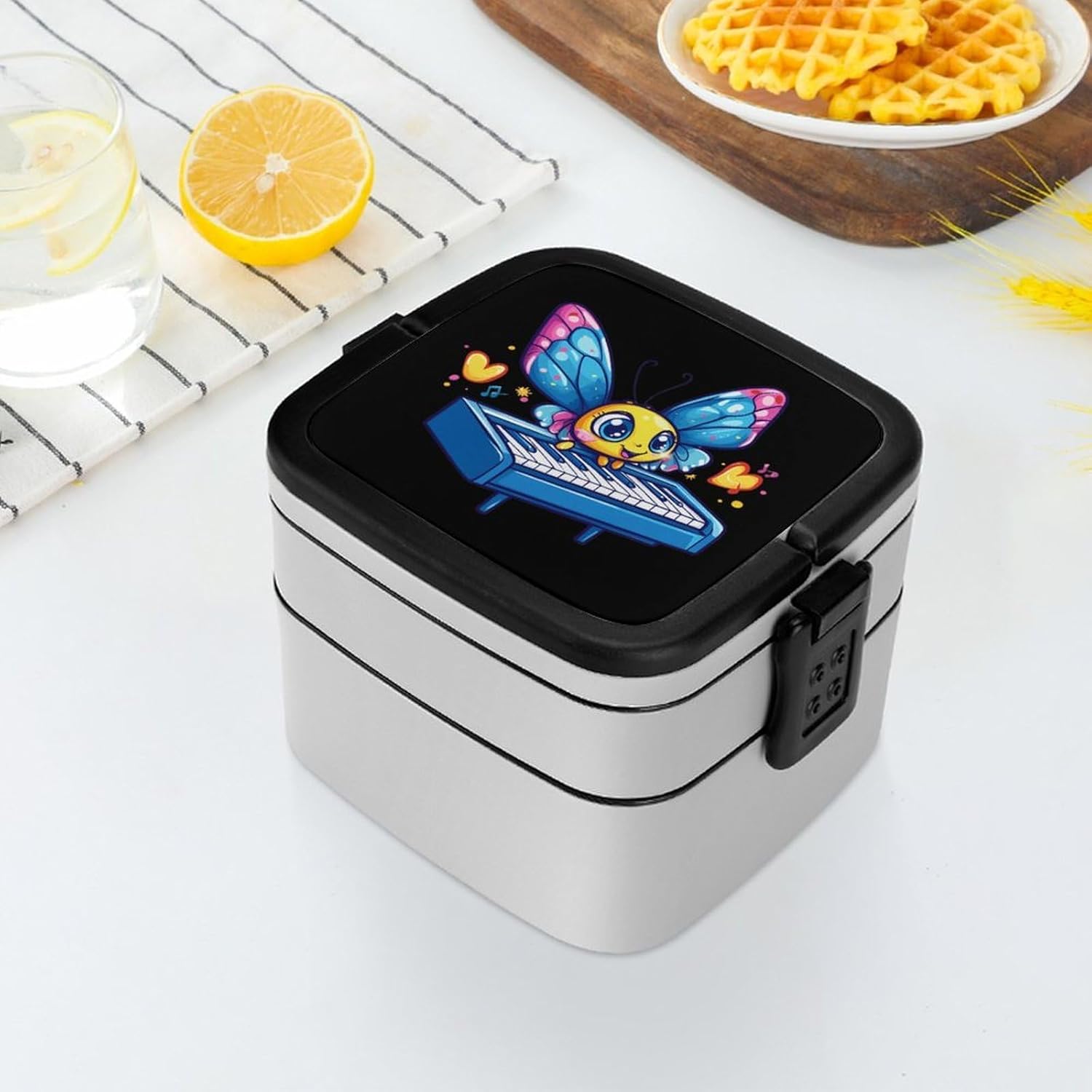 Butterfly Playing Piano Bento Box with Spoon 2 Layer Food Container Cute Lunch Box for Travel Dining Work