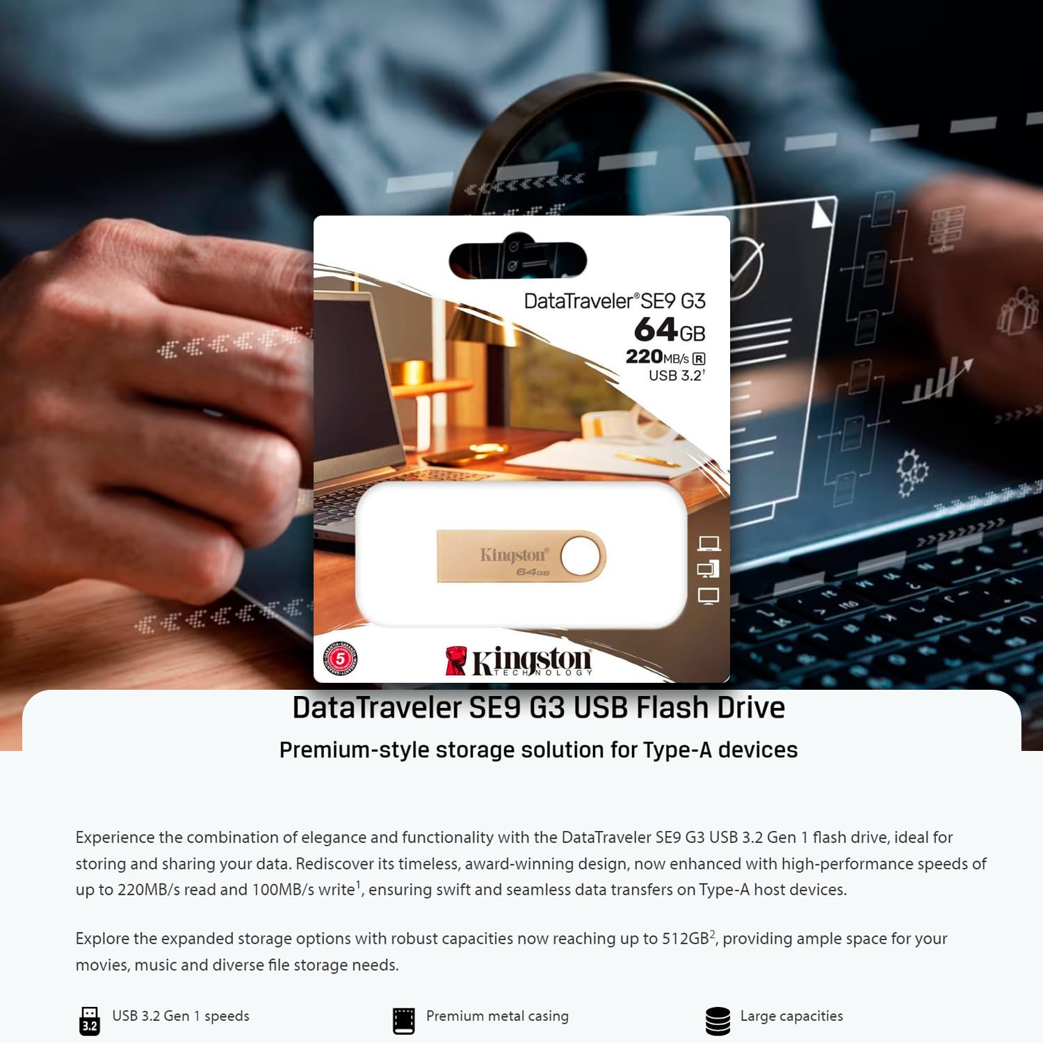 Kingston DataTraveler SE9 G3 3.2 - Unidad flash USB (220 MBPS) | Juego de llaveros de acero inoxidable (11 artículos)
