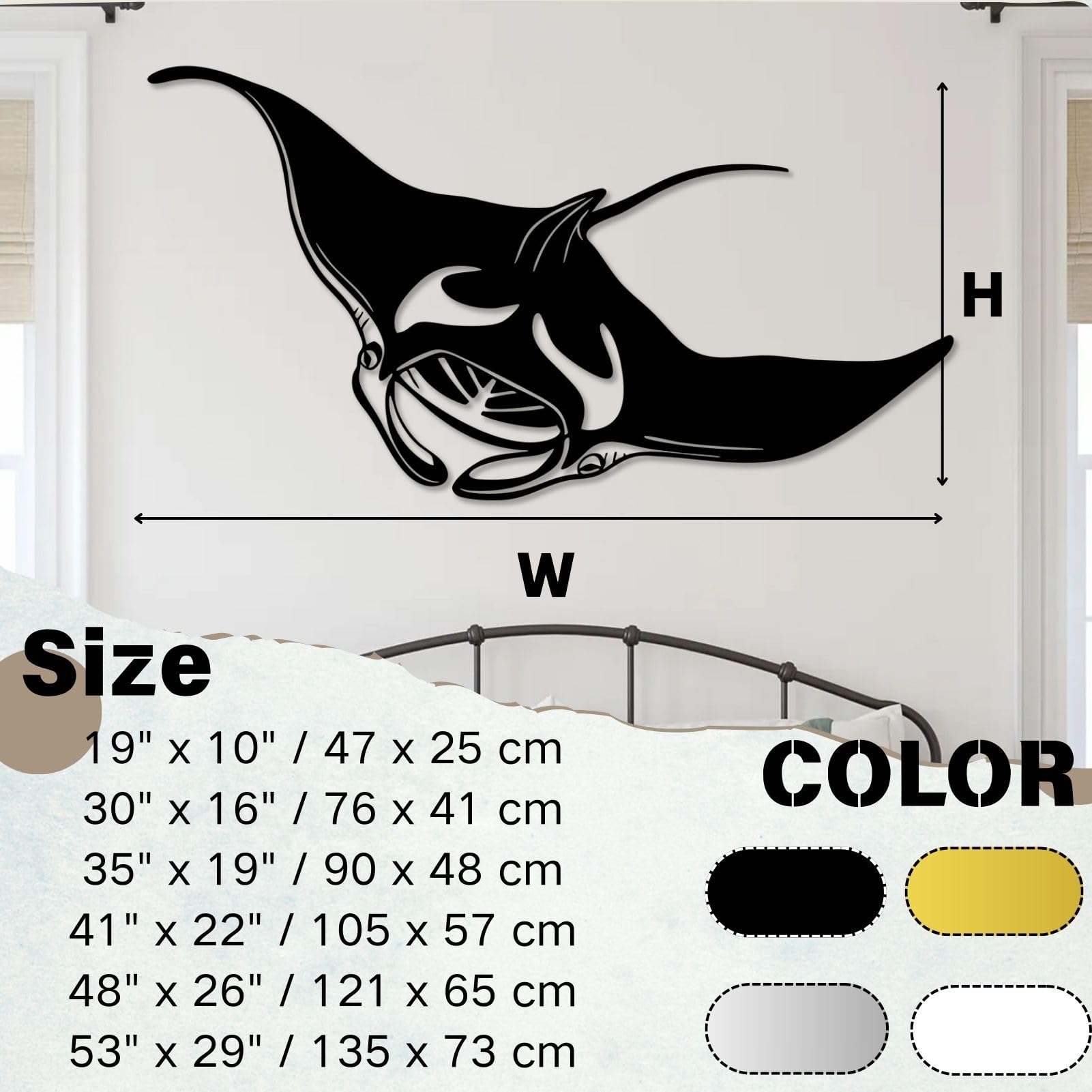 Metalowa dekoracja ścienna Wisząca rzeźba przedstawiająca morski wzór Manty do salonu sypialni lub biura biały 90 x 48 cm (35 x 19 cali)