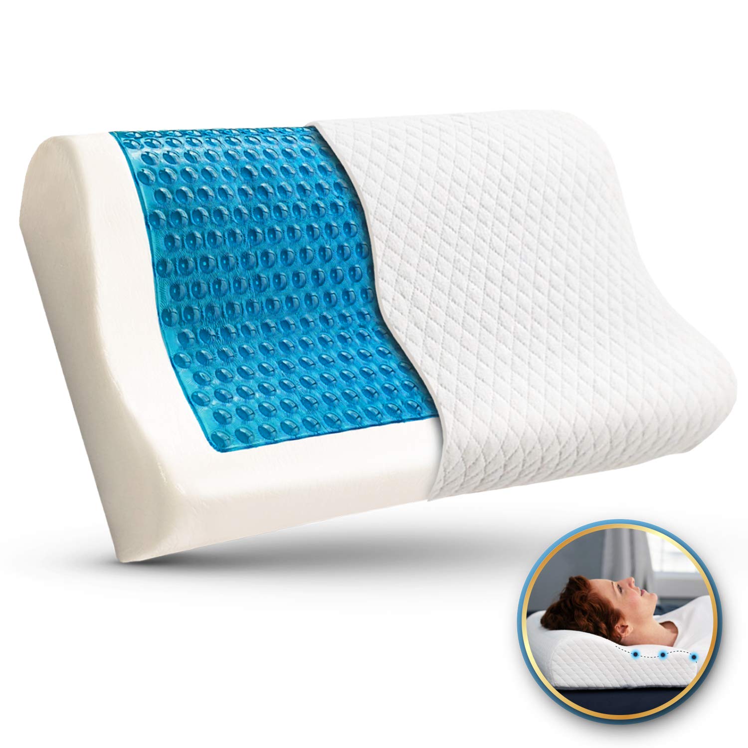 Bamibi ® Memory Foam Pillow with Comfort Contours. Ergonomic Deep Sleep Bed Pillow Neck and Cervical Ortopedic Support Pillow. Removable, Washable and Breathable Pillow Cover. Length 60cm. (Gel)