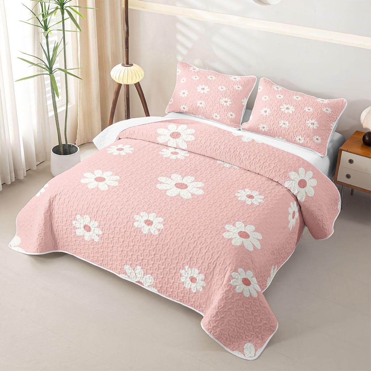 Minimal Daisy Quilt Set Floral Minimalist Quilted Coverlet Kids Boys Girls Sweet Girly Cottagecore Lightweight Soft Bedspread Coverlet with 1 Pillow Sham Twin Size Light Pink