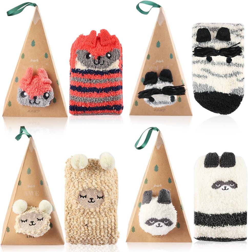 Vanmor 4 Pairs Fuzzy Socks Women Girls Cute Animal Socks with Triangle Box (4 pack-B)