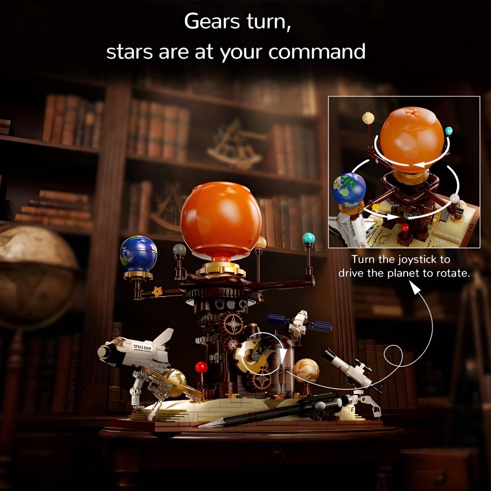 Retro Solar System Orrery Bausatz mit Rotierenden Planeten, 672Stk Space Shuttle Teleskop, Astronomisches Spielzeug zum Zusammenbauen mit Zauberstift für Jugendliche Erwachsene, Vintage Deko Geschenk