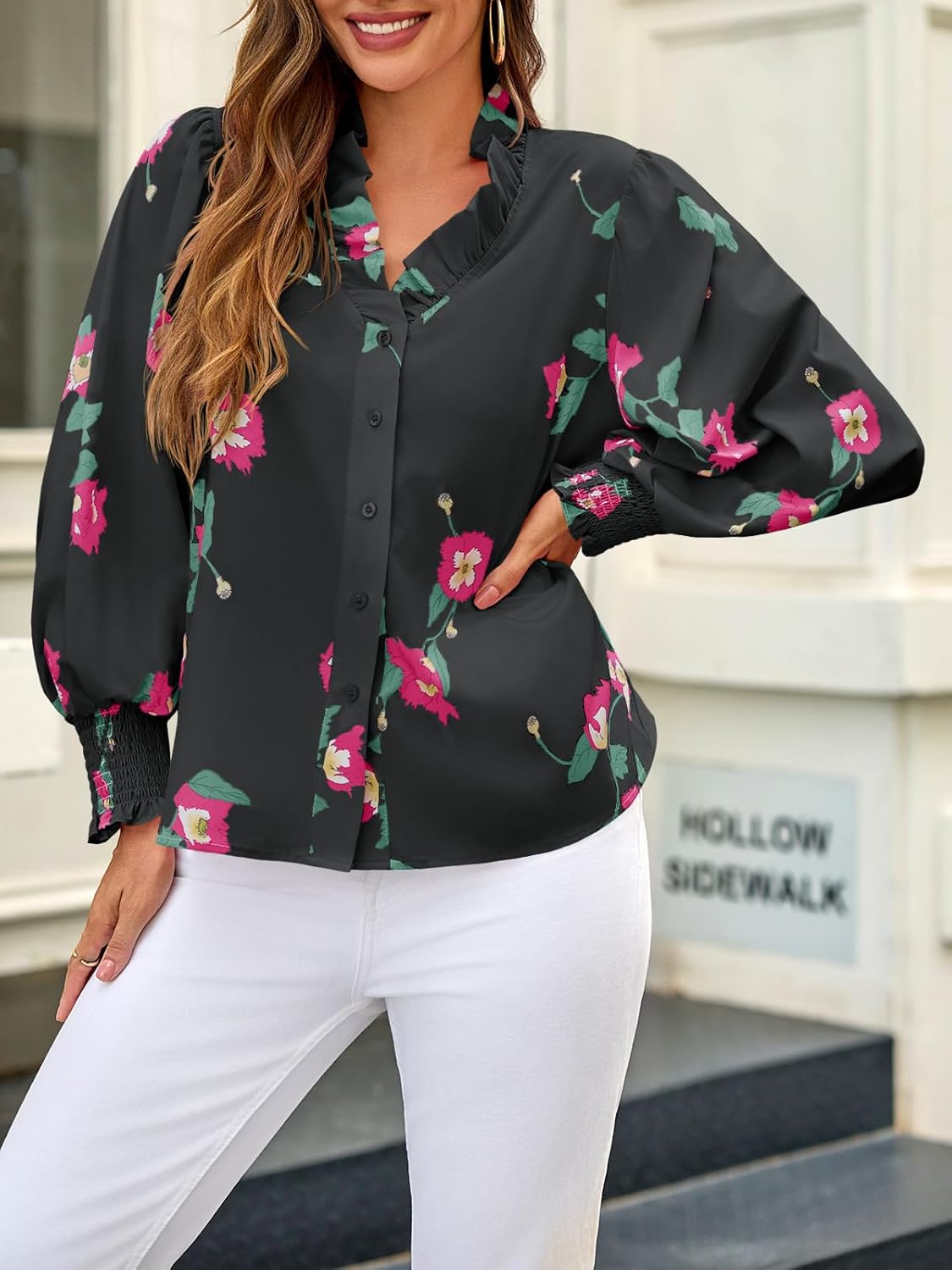 Tankaneo Womens Floral Ruffle Blouses Dressy Casual Long Puff Sleeve Boho Tops V Neck Button Down Shirts - Image 2