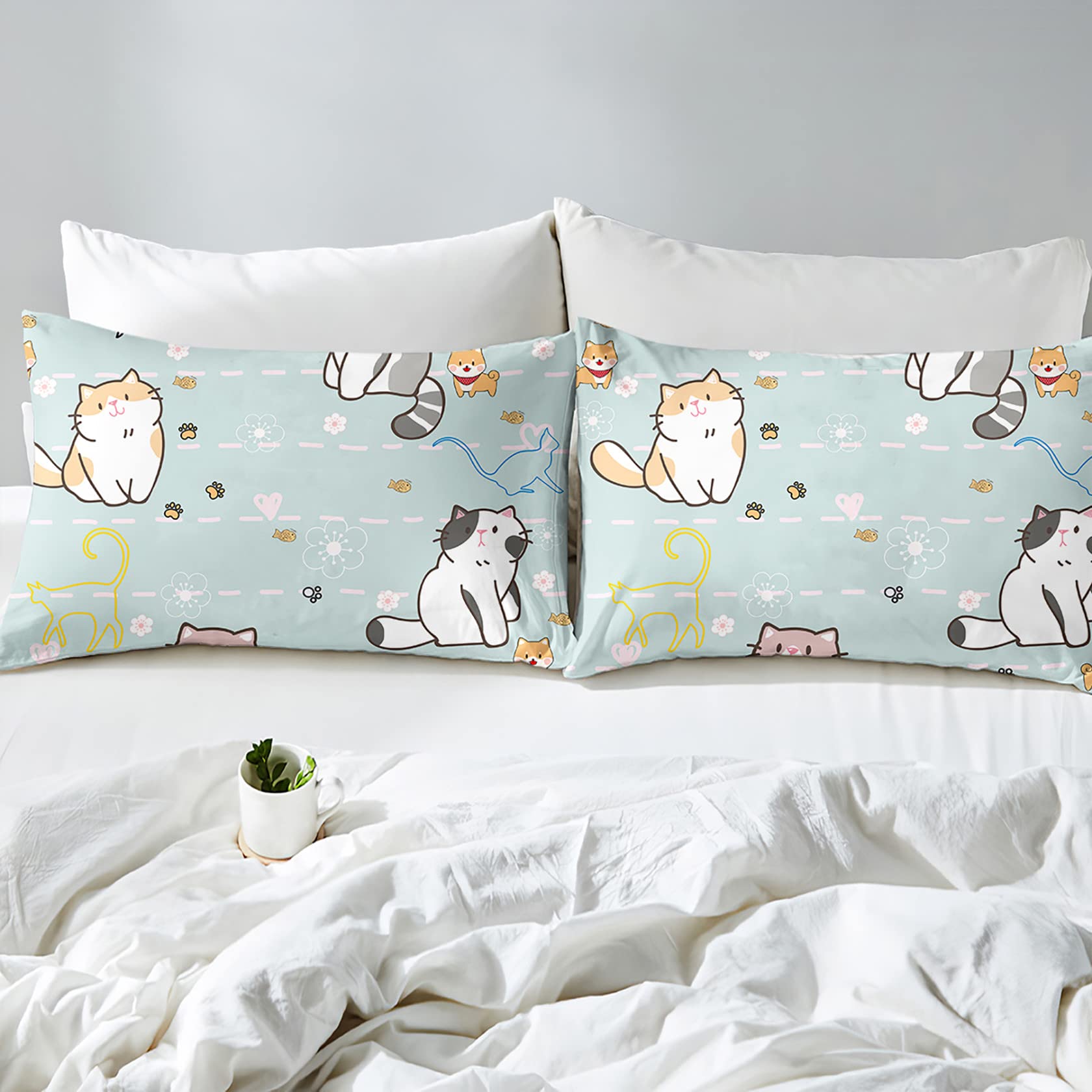 Juego de ropa de cama de tamaño individual, edredón de gatos de dibujos animados para niñas, niños y adolescentes, juego de edredón azul con patrón de animales, suave, transpirable, lindo juego de 3