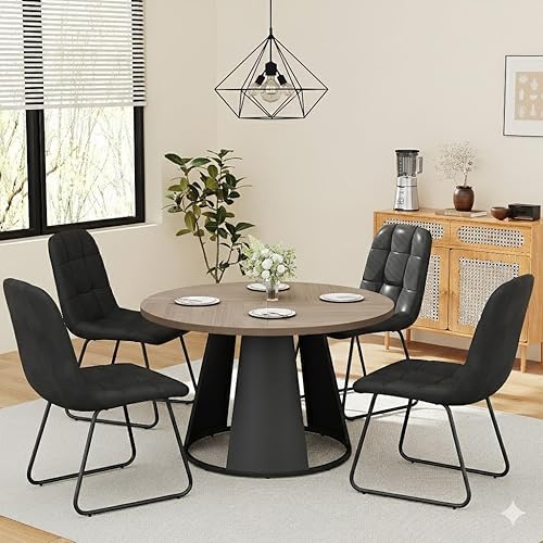 Miniatura 12 de Juego de mesa de comedor redonda de 47.2 pulgadas para 4 mesas de madera modernas con 4 sillas tapizadas de cuero, base de pedestal de metal, Mesa
