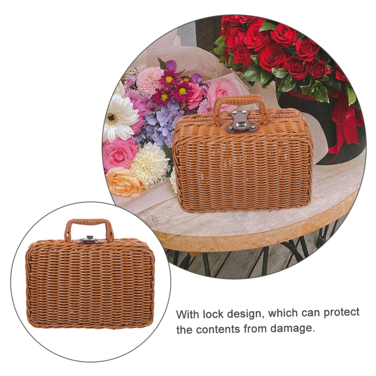 Valigia Vintage Manico, Scatola Portaoggetti Intrecciata Piccola | Finta Pelle e Plastico, Capienza Ampia, Chiusura Blocco, Stile Simulato Rattan