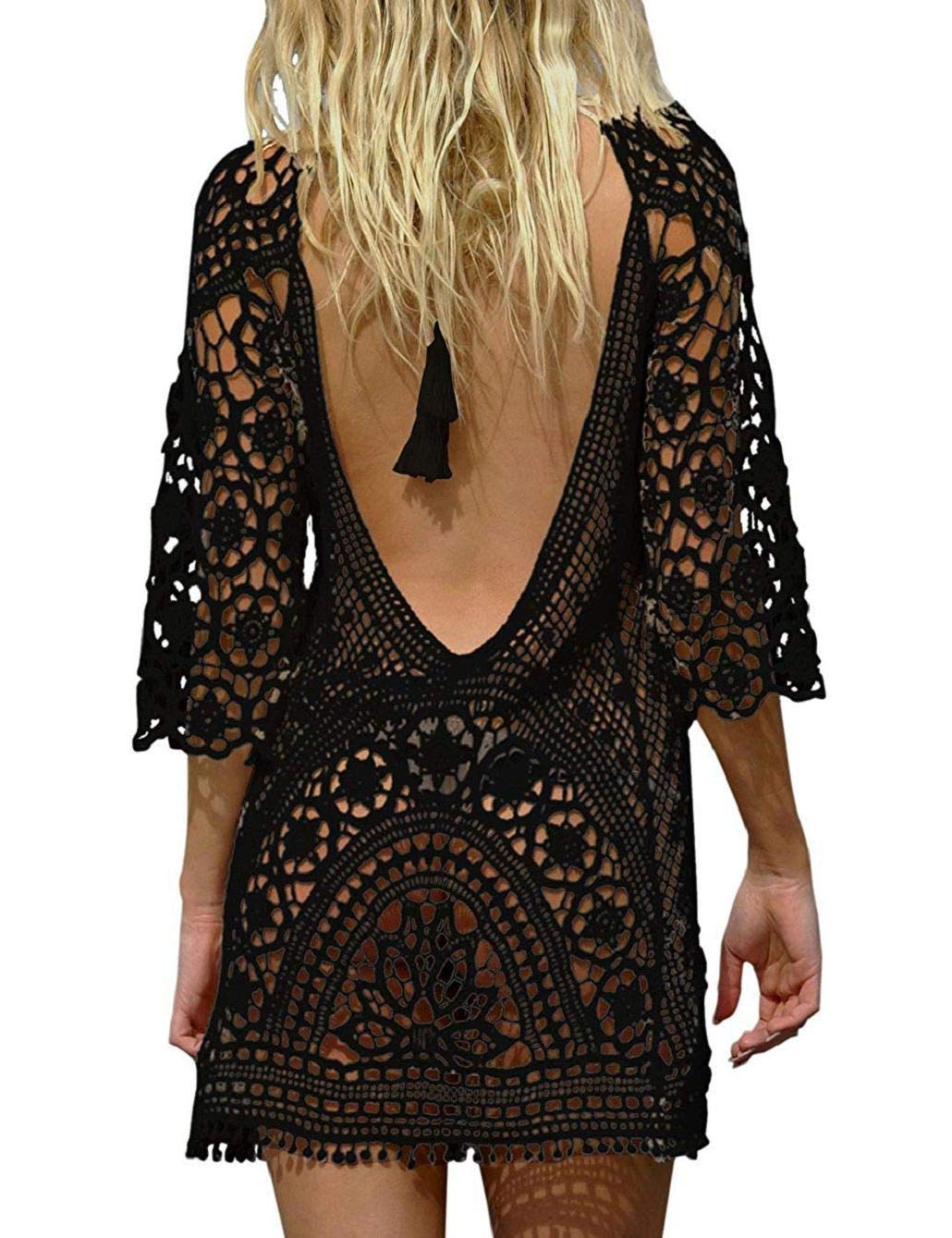 heekpek Mujer Pareos Playa Traje de Baño Vestido de la Playa Bikini Cover up Camisola de Playa Larga Mangas V-Cuello Hueco Borlas Vestido de Kaftan Crochet Pareos
