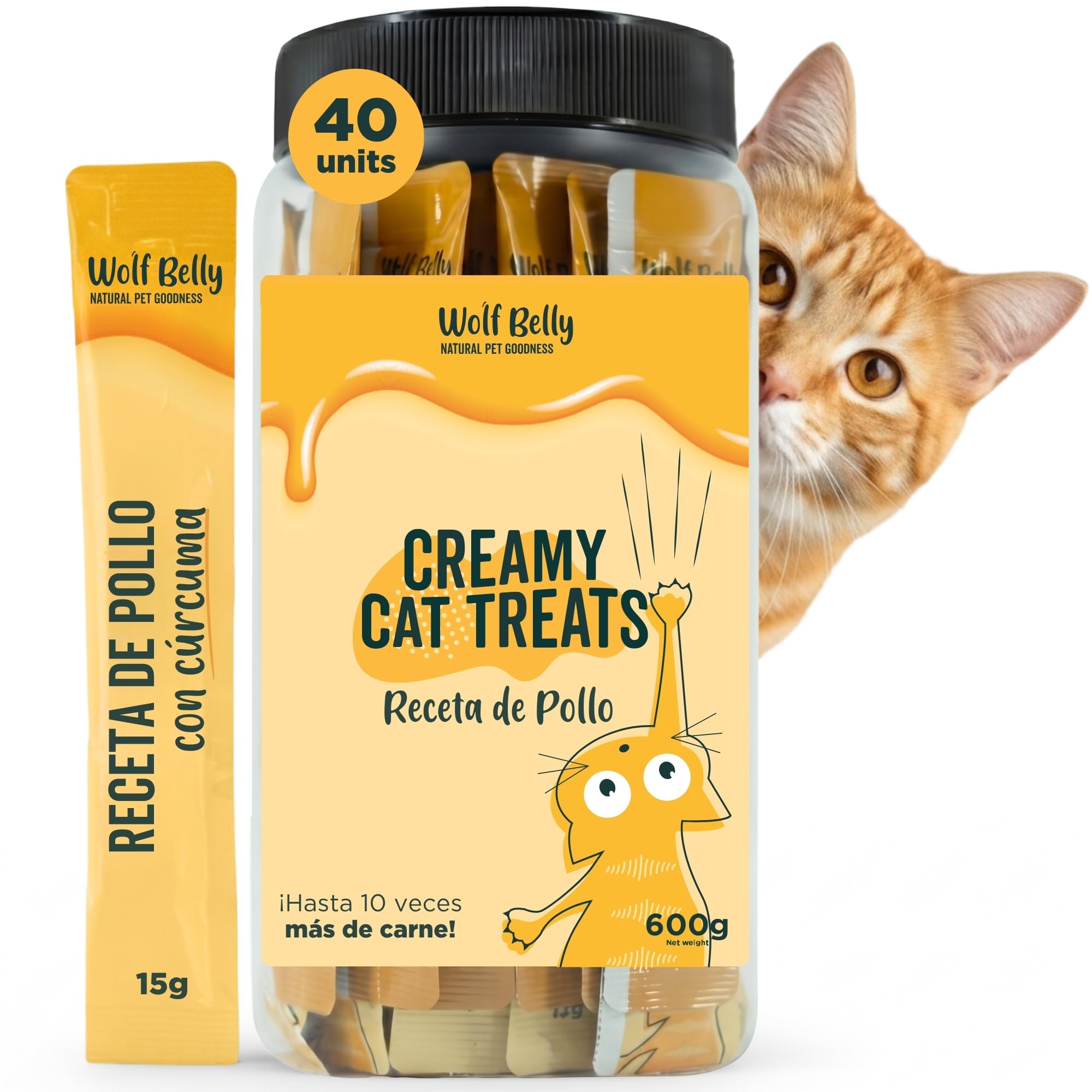 Wolf Belly - Snacks Gatos de Pollo (40 uds x 15g) Textura Cremosa | Chuches Saludables y Deliciosas | Naturales y Altos en Proteínas | Sin Cereales ni Colorantes Artificiales - Hecho en España