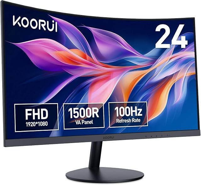 KOORUI Monitor 23.6 Pollici Curvo (1500R), Full HD (1920x1080), VA 3000:1, 100 Hz, 3ms, HDMI, VGA, Gaming Monitor, Eye Saver Mode, Flicker Safe, Nero, 24N5CA
