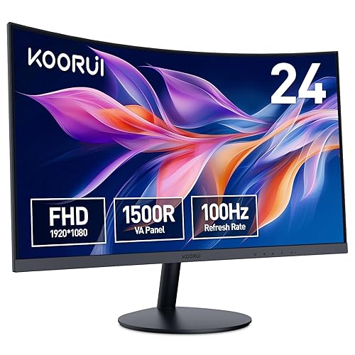 KOORUI Curved Monitor - 23.6 Zoll FHD Curved Computer Monitor, VA-Panel, 100Hz, Krümmung 1500R, Neigungsverstellung, Augenpflege, HDMI, VGA Gaming Monitor, Schwarz - 24 Zoll - VA/FHD/75Hz/Curved