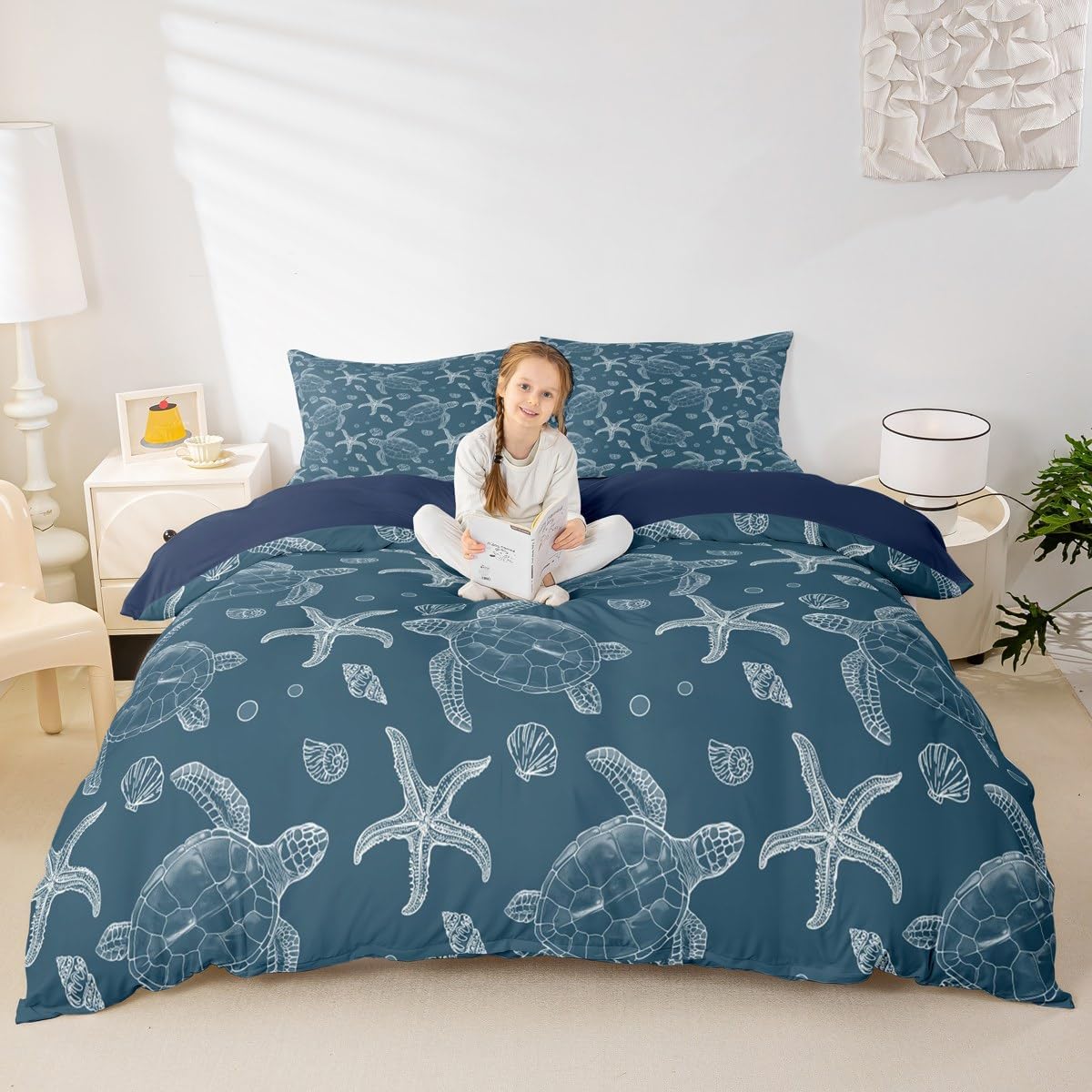 Nautical Green Bedding Set Toddler Size,Vintage Seaside Animal Duvet Cover 2pcs for Kids Boys Woman,Coastal Coastal Starfish Comforter Cover,Sealife Silhouette Quilt Cover,Not Comforter