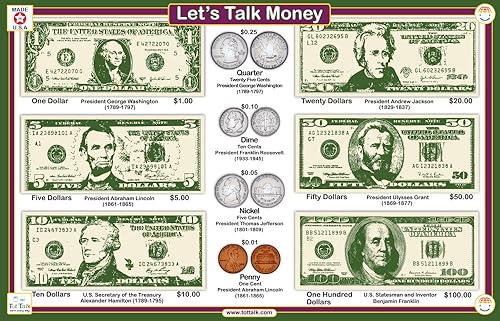 Tot Talk Let's Talk Money - Mantel individual educativo para niños, fabricado en Estados Unidos, duradero, de doble cara, interactivo para aprender