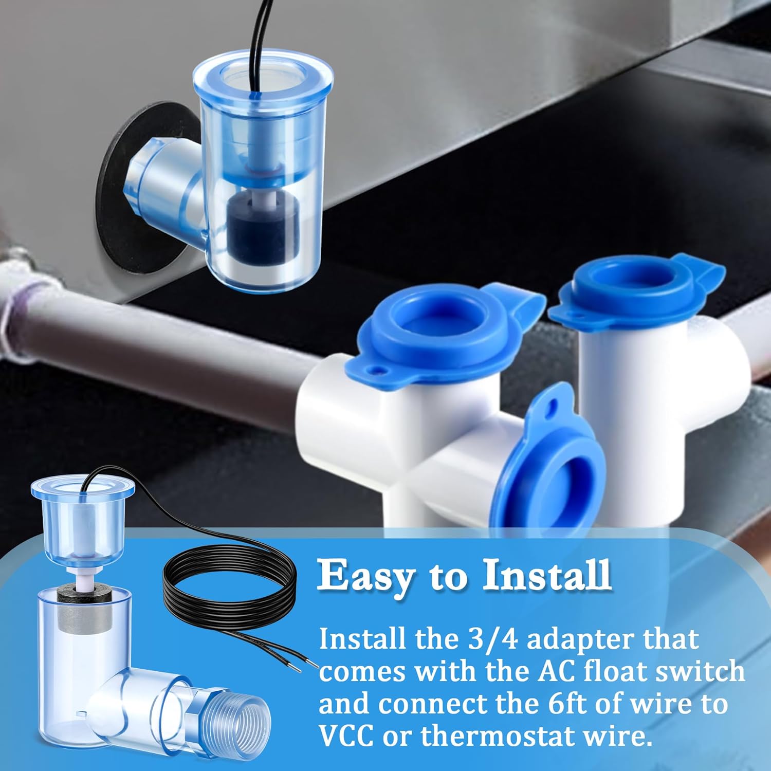 Feekoon 8 Pack SS2 Float Switch L Shape for Easy Installation, AC Float Switch with 3/4 Inch Adaptor and 6ft wire, Water Level Accessory for Air Conditioner with Condensate Overflow Detection