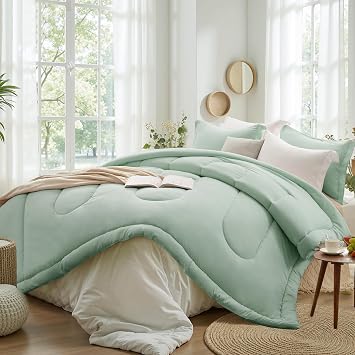 SunStyle Home Queen Comforter Set - 3 Pieces Reversible Comforters Queen Size, Lightweight Bedding Sets with 1 Down Alternative Comforter and 2 Pillow Shams for All Seasons,Sage Green
