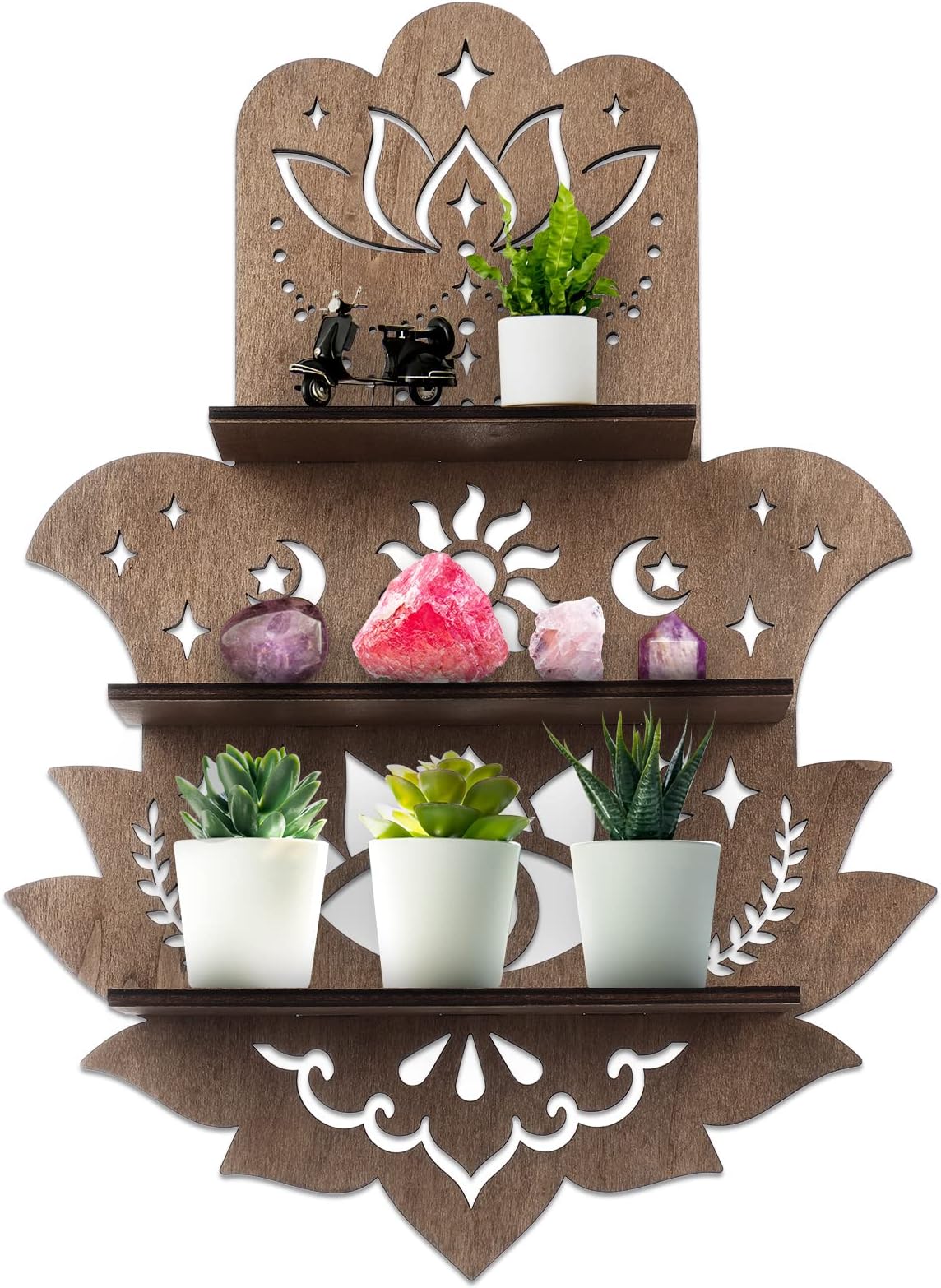 Maitys Hamsa Wall Decor Lotus Crystal Shelf Display for Evil Eye Decor Large 17'' Hamsa Hand Boho Wooden Hanging Crystal Holder Shelf Aesthetic Zen Meditation Spiritual Gift Witch Yoga