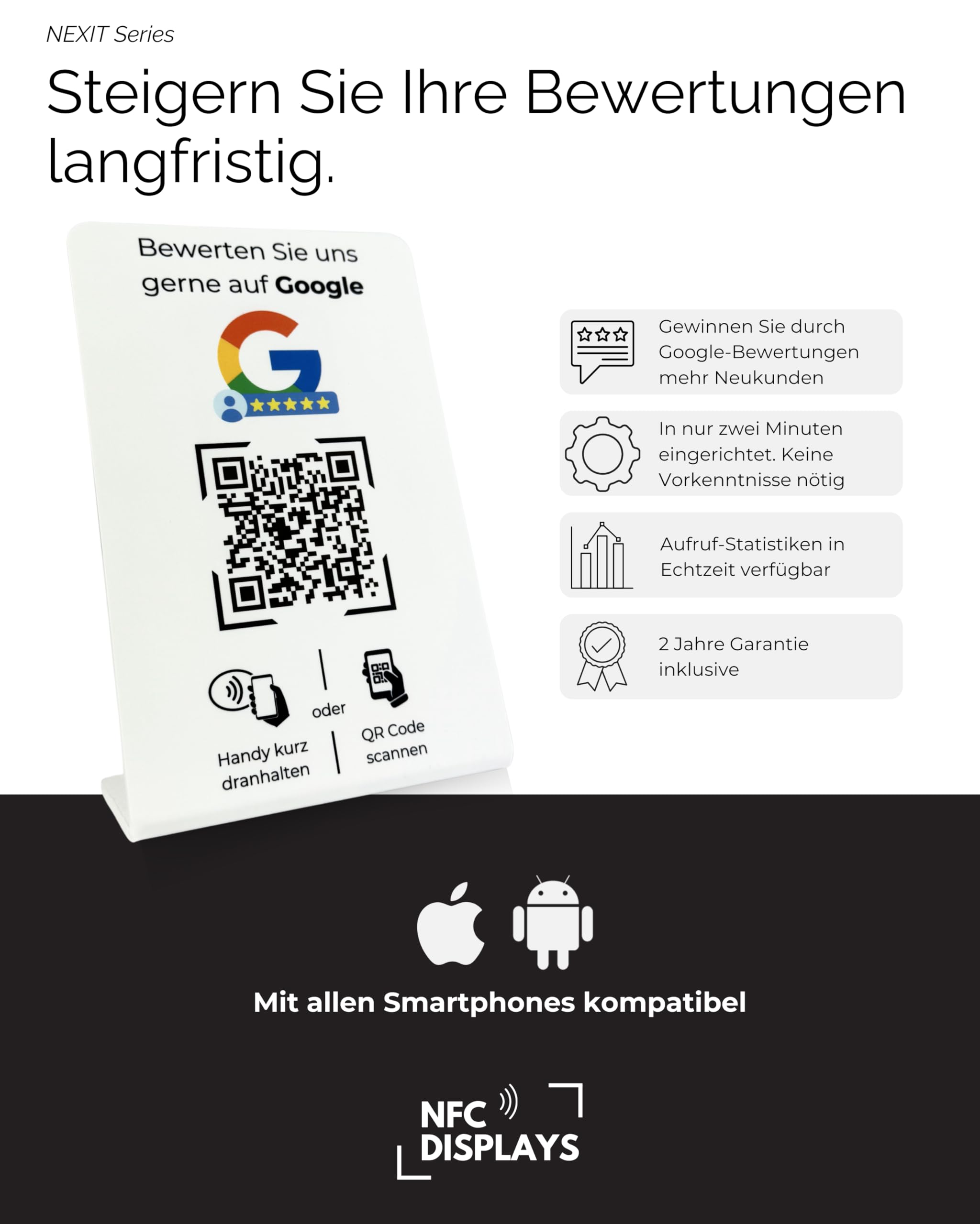 Aufsteller Schild für Google Bewertungen mit QR-Code NFC 16,5 x 10,5 cm weiß