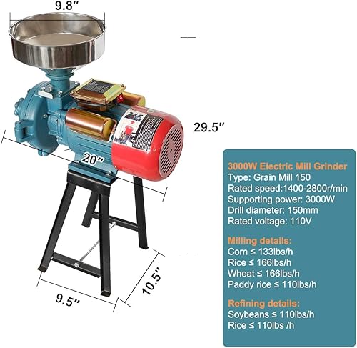 Miniatura 6 de ABORON Molinillo de grano eléctrico de 3000 W, molinillo de alimentación eléctrica comercial resistente, molinillo seco de 110 V, cereales de grano