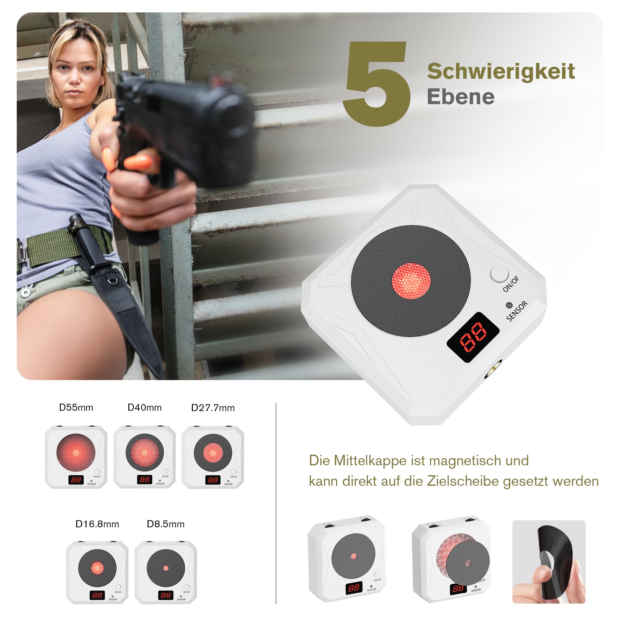 Kit de Cartouche d'Entraînement Laser 9mm avec Cible Rechargeable – Système Dry Fire à 5 Niveaux de Difficulté, Cible Électronique et Munition Laser pour Tir à Domicile