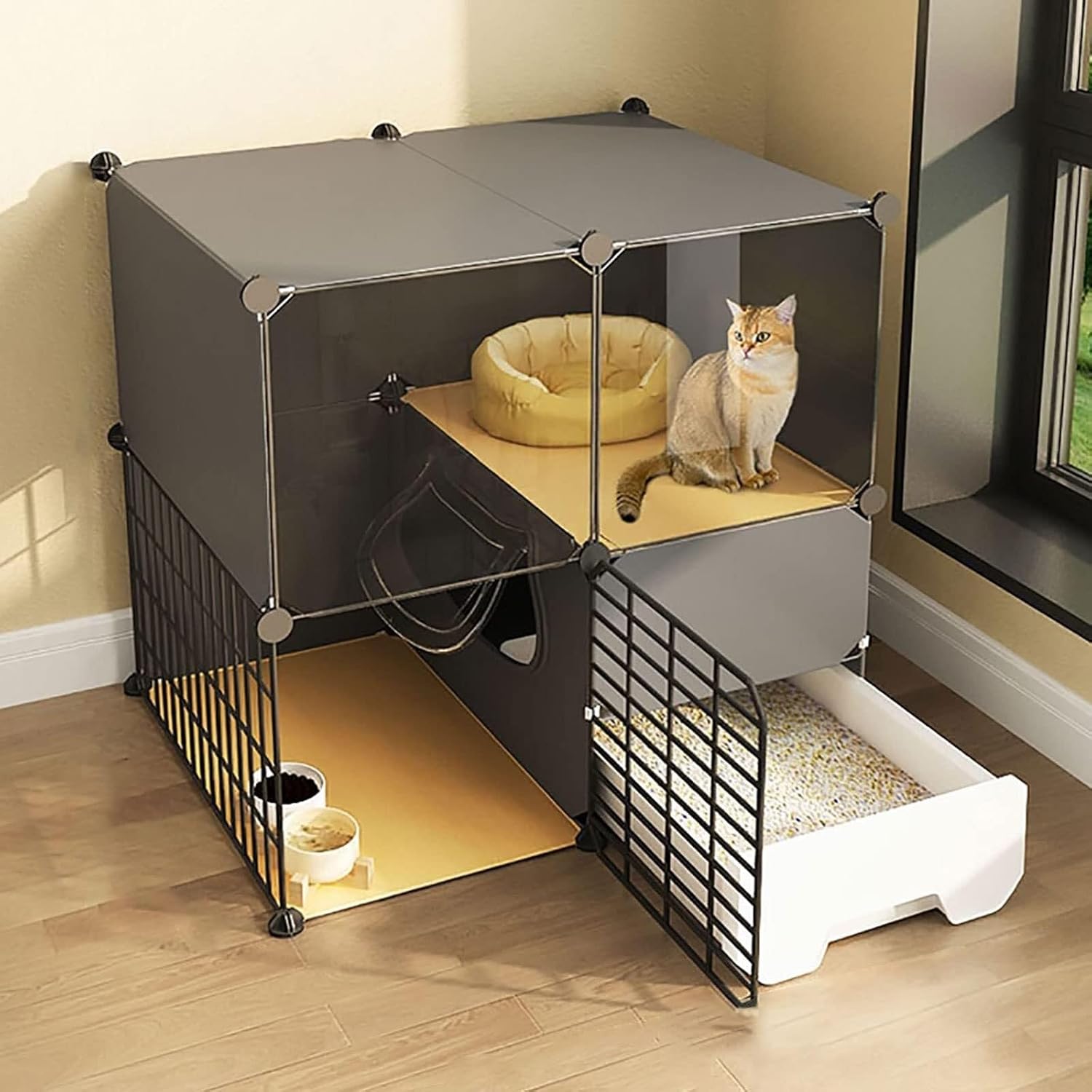 Large 2/3 Tier Indoor Cat Cage with Litter Box, Multi-Door Cat Playpen & Exercise Crate for 1-3 Cats, White(Black,75x49x73cm)