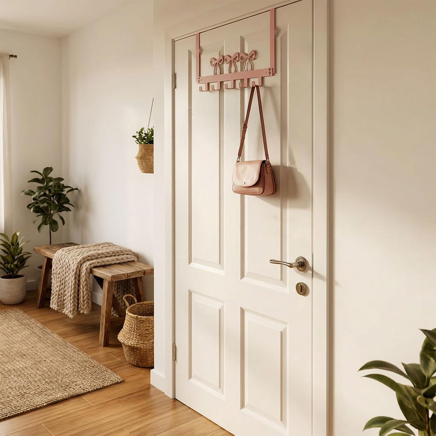 Pink Over the Door Hooks Organizer, Decorative Ribbon Bow Over Door Towel Hook Rack for Bathroom & Bedroom, Aesthetic Over Door Coat Hook, No Drill Hanging, Detachable Design