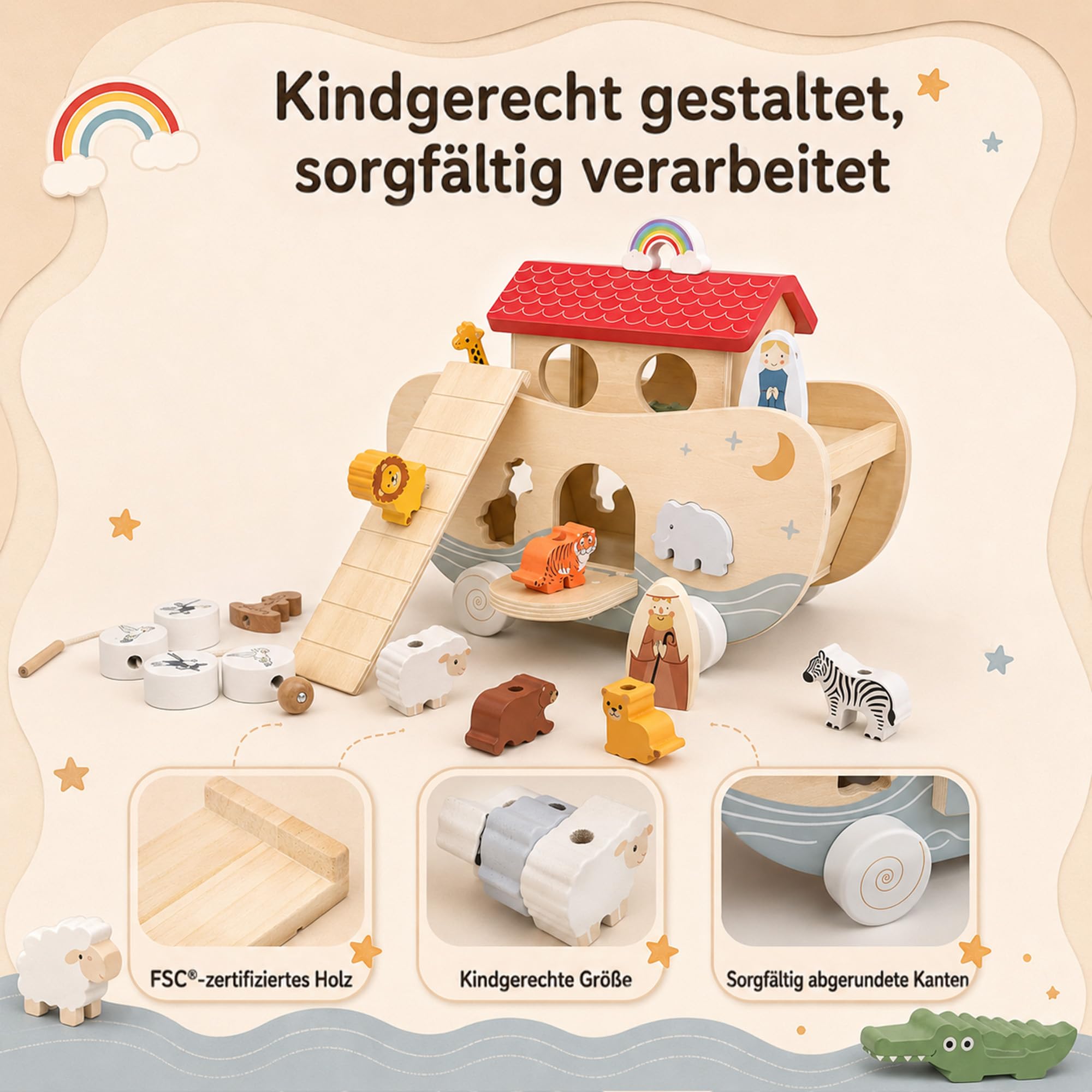 Arca di Noè in legno, giocattolo Montessori e regalo per battesimo | Adorabile regalo per battesimo: l'arca di Noè in legno con 10 coppie di animali, idee di gioco versatili e arcobaleno